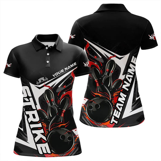 Custom Black And Red Flame Strike Bowling Polo Shirts For Women, Strike Bowling Jerseys IPHW8312