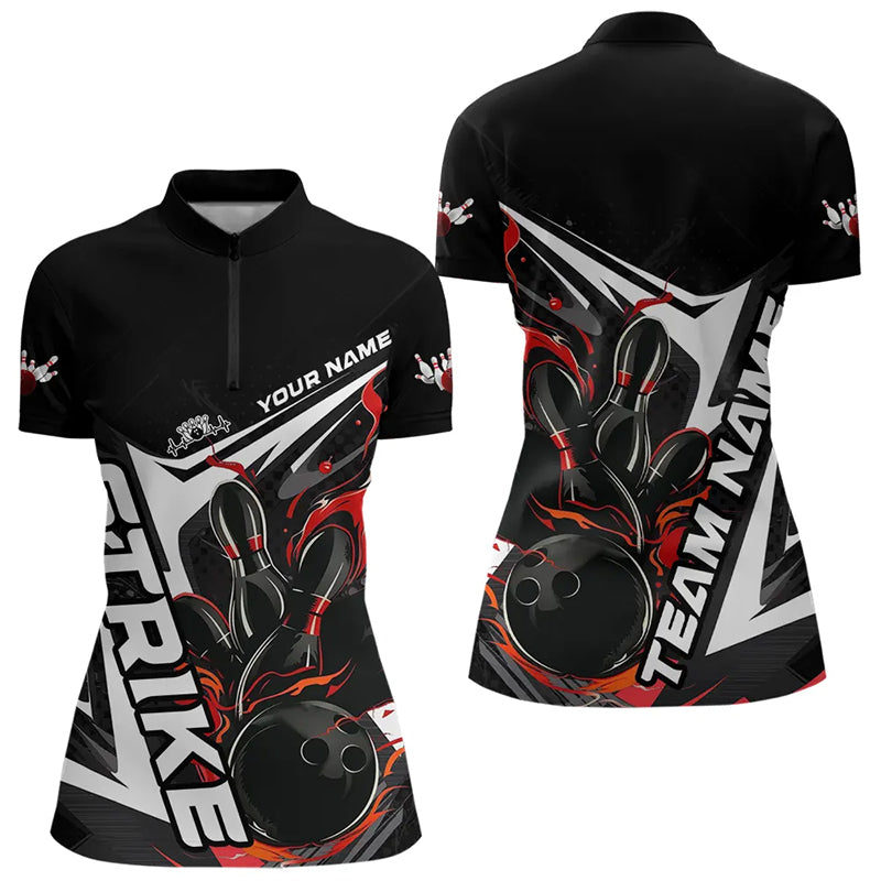 Custom Black And Red Flame Strike Womens Bowling Quarter-Zip Shirts, Strike Bowling Jerseys IPHW8312