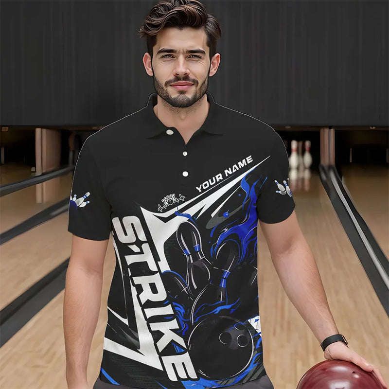 Custom Black And Blue Flame Strike Bowling Polo Shirts For Men, Strike Bowling Jerseys IPHW8313