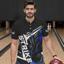 Load image into Gallery viewer, Custom Black And Blue Flame Strike Bowling Polo Shirts For Men, Strike Bowling Jerseys IPHW8313