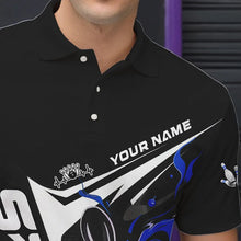 Load image into Gallery viewer, Custom Black And Blue Flame Strike Bowling Polo Shirts For Men, Strike Bowling Jerseys IPHW8313
