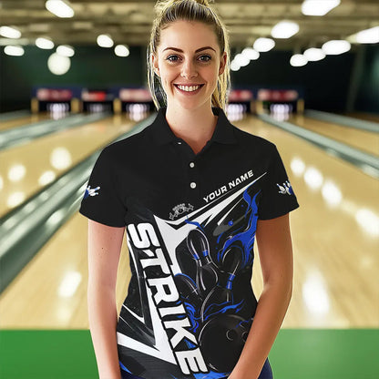 Custom Black And Blue Flame Strike Bowling Polo Shirts For Women, Strike Bowling Jerseys IPHW8313