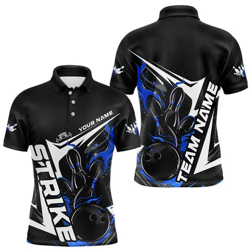 Custom Black And Blue Flame Strike Bowling Polo Shirts For Men, Strike Bowling Jerseys IPHW8313
