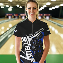 Load image into Gallery viewer, Custom Black And Blue Flame Strike Womens Bowling Quarter-Zip Shirts, Strike Bowling Jerseys IPHW8313