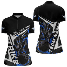 Load image into Gallery viewer, Custom Black And Blue Flame Strike Womens Bowling Quarter-Zip Shirts, Strike Bowling Jerseys IPHW8313
