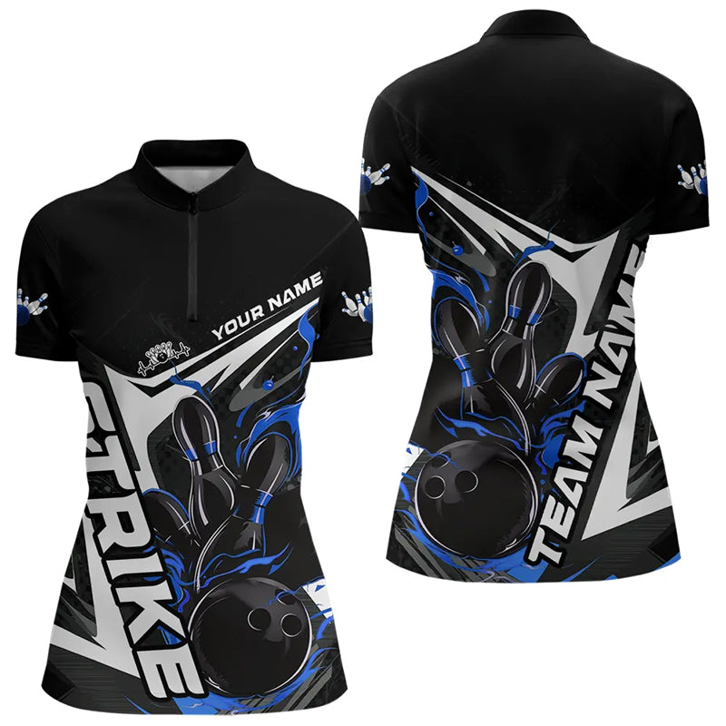 Custom Black And Blue Flame Strike Womens Bowling Quarter-Zip Shirts, Strike Bowling Jerseys IPHW8313