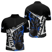 Load image into Gallery viewer, Custom Black And Blue Flame Strike Bowling Quarter-Zip Shirts For Men, Strike Bowling Jerseys IPHW8313