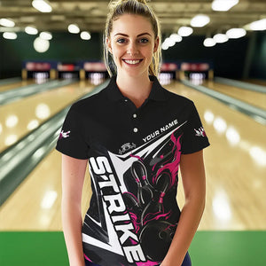 Custom Black And Pink Flame Strike Bowling Polo Shirts For Women, Strike Bowling Jerseys IPHW8314