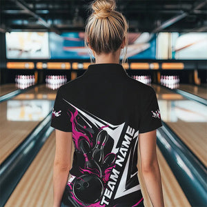 Custom Black And Pink Flame Strike Bowling Polo Shirts For Women, Strike Bowling Jerseys IPHW8314