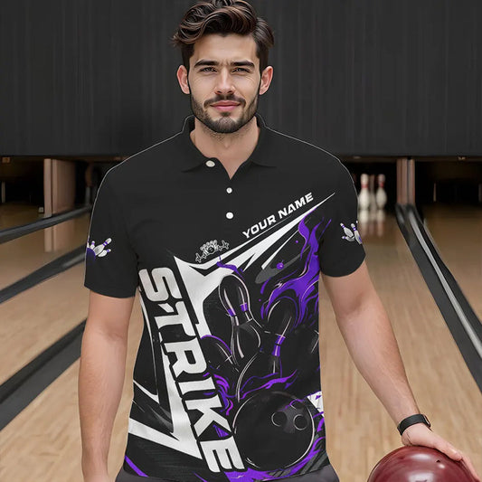 Custom Black And Purple Flame Strike Bowling Polo Shirts For Men, Strike Bowling Jerseys IPHW8315