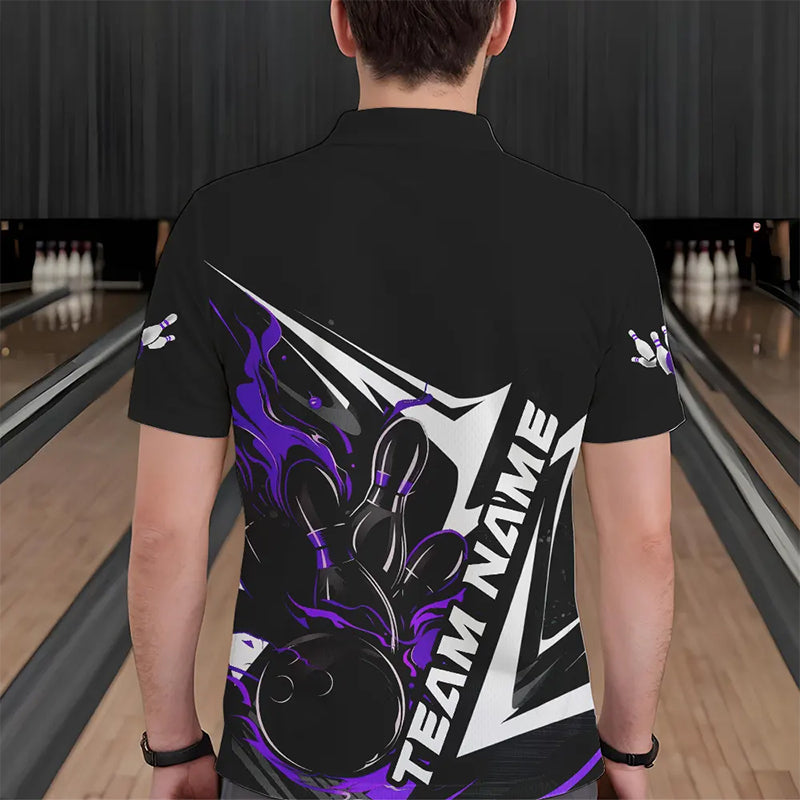Custom Black And Purple Flame Strike Bowling Polo Shirts For Men, Strike Bowling Jerseys IPHW8315