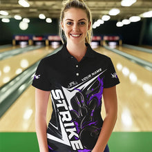 Load image into Gallery viewer, Custom Black And Purple Flame Strike Bowling Polo Shirts For Women, Strike Bowling Jerseys IPHW8315