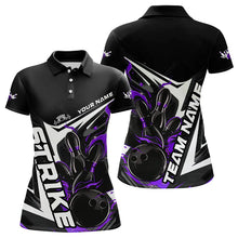 Load image into Gallery viewer, Custom Black And Purple Flame Strike Bowling Polo Shirts For Women, Strike Bowling Jerseys IPHW8315