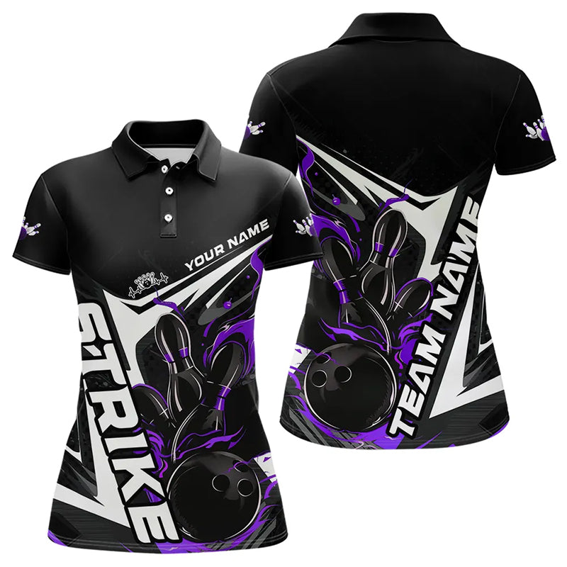 Custom Black And Purple Flame Strike Bowling Polo Shirts For Women, Strike Bowling Jerseys IPHW8315