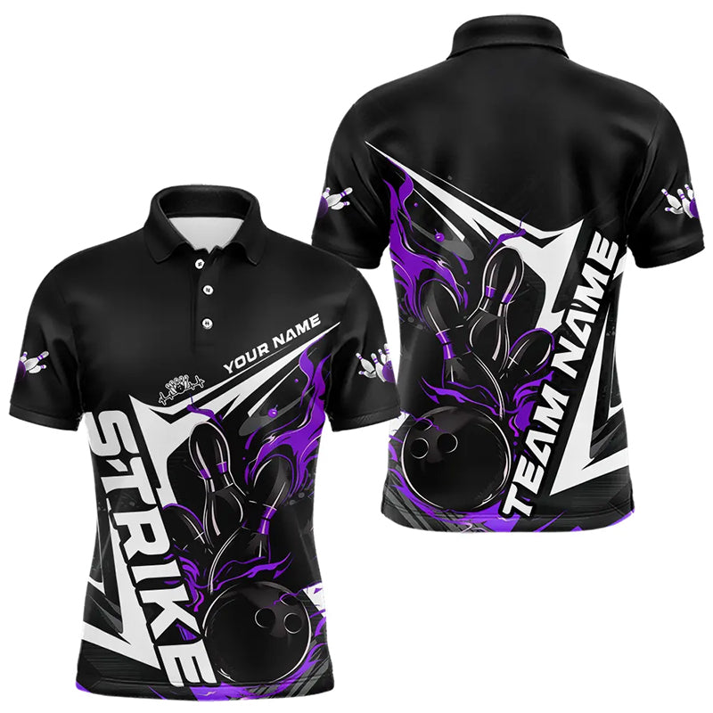 Custom Black And Purple Flame Strike Bowling Polo Shirts For Men, Strike Bowling Jerseys IPHW8315