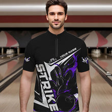 Load image into Gallery viewer, Custom Black And Purple Flame Strike Bowling Quarter-Zip Shirts For Men, Strike Bowling Jerseys IPHW8315