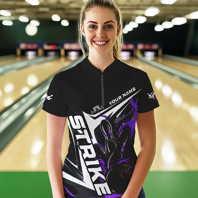 Custom Black And Purple Flame Womens Strike Bowling Quarter-Zip Shirts, Bowling Jersey IPHW8315