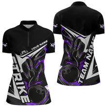 Load image into Gallery viewer, Custom Black And Purple Flame Womens Strike Bowling Quarter-Zip Shirts, Bowling Jersey IPHW8315