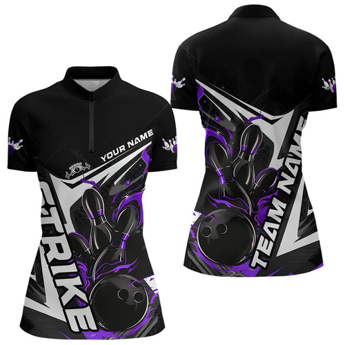 Custom Black And Purple Flame Womens Strike Bowling Quarter-Zip Shirts, Bowling Jersey IPHW8315