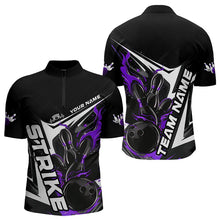 Load image into Gallery viewer, Custom Black And Purple Flame Strike Bowling Quarter-Zip Shirts For Men, Strike Bowling Jerseys IPHW8315
