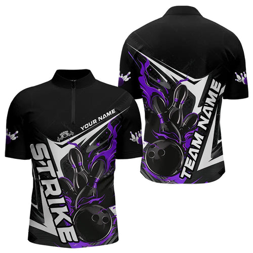 Custom Black And Purple Flame Strike Bowling Quarter-Zip Shirts For Men, Strike Bowling Jerseys IPHW8315
