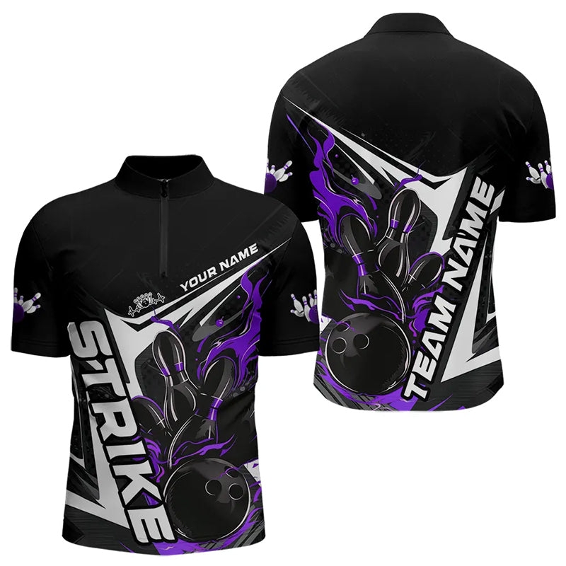 Custom Black And Purple Flame Strike Bowling Quarter-Zip Shirts For Men, Strike Bowling Jerseys IPHW8315