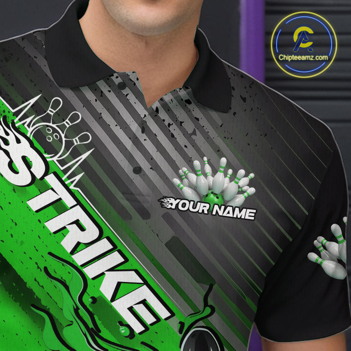Custom Green Strike Flame Bowling Polo Shirts For Men, Bowling Team Shirt Bowlers Outift IPHW9616