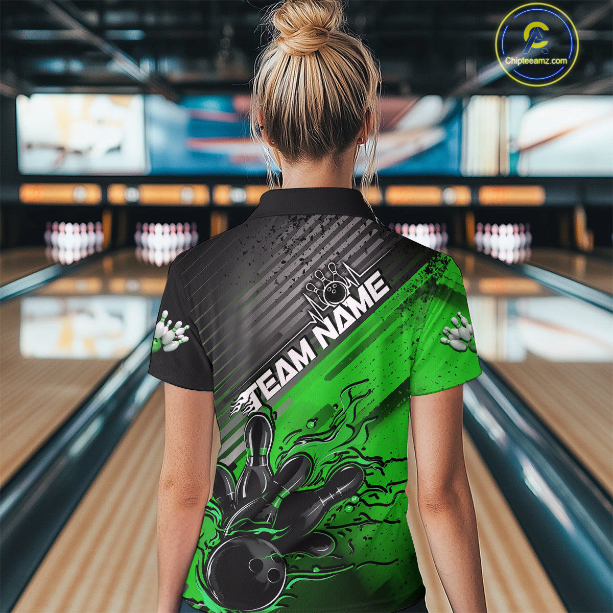 Custom Green Strike Flame Bowling Polo Shirt For Women, Bowling Team Shirt Bowlers Outift IPHW9616