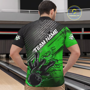 Custom Green Strike Flame Bowling Quarter-Zip Shirts For Men, Bowling Team Shirt Bowlers Outift IPHW9616
