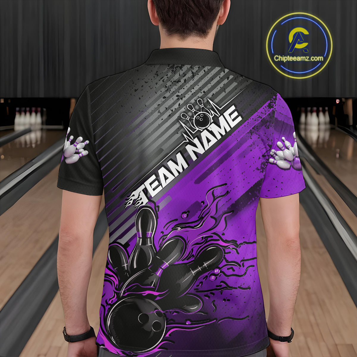 Custom Purple Strike Flame Bowling Polo Shirts For Men, Bowling Team Shirt Bowlers Outift IPHW9617