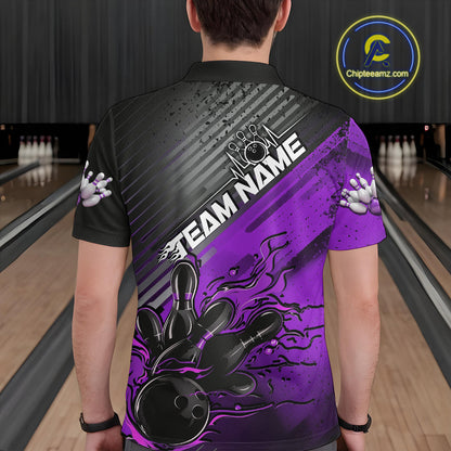 Custom Purple Strike Flame Bowling Polo Shirts For Men, Bowling Team Shirt Bowlers Outift IPHW9617