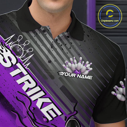 Custom Purple Strike Flame Bowling Polo Shirts For Men, Bowling Team Shirt Bowlers Outift IPHW9617