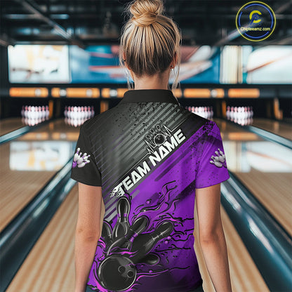 Custom Purple Strike Flame Bowling Women Polo Shirt, Bowling Team Shirt Bowlers Outift IPHW9617