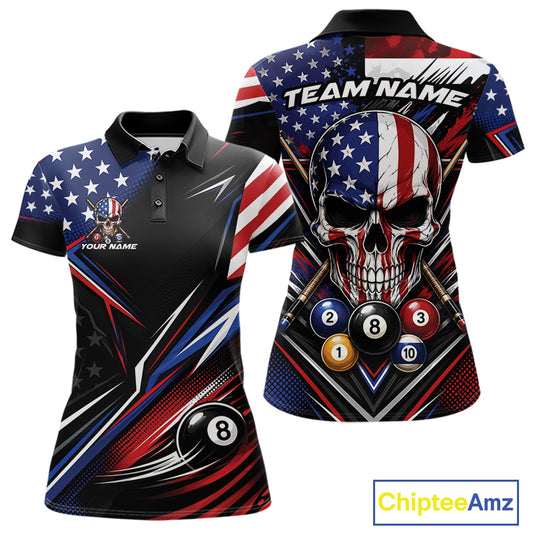 Front and back views of a customizable billiard polo shirt featuring a patriotic American flag design with a skull and billiards theme. 