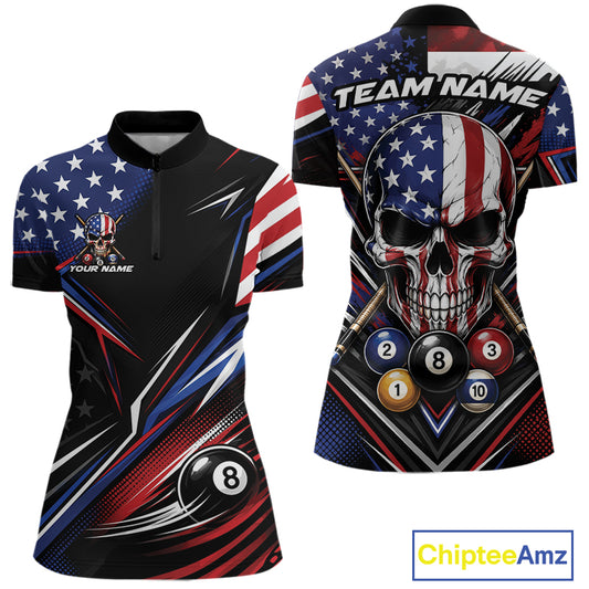 Custom billiards short-sleeve women's quarter zip shirt shown from the front and back, featuring a patriotic American flag design with a large skull graphic, billiard balls, and customizable text areas.