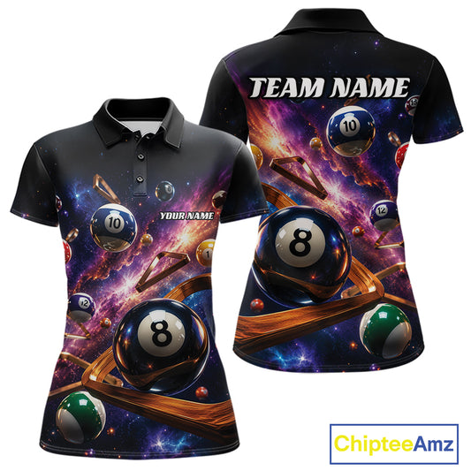 Customizable womens short-sleeve billiard polo shirt shown from front and back on a white background. The shirt features a vibrant all-over print of billiard balls, pool tables, and a cosmic space nebula background.