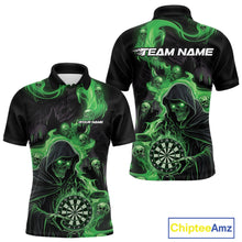 Load image into Gallery viewer, Custom Green Fire Flame Grim Reaper Dart Men Polo Shirts, Dart Team Halloween Outfits IPHW9983