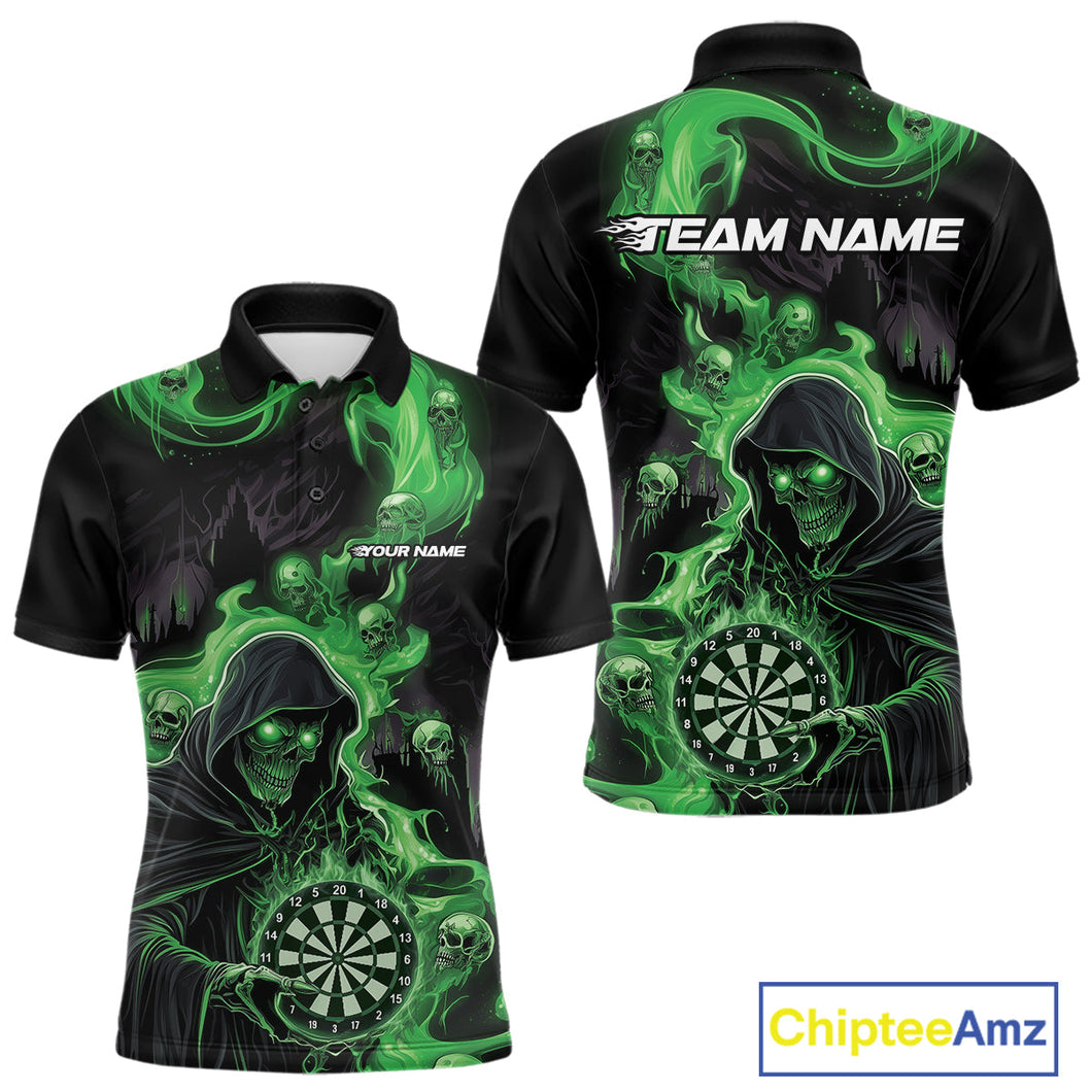 Custom Green Fire Flame Grim Reaper Dart Men Polo Shirts, Dart Team Halloween Outfits IPHW9983