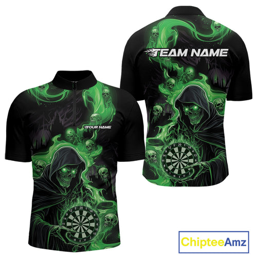 Custom Green Fire Flame Grim Reaper Dart Men Quarter-Zip Shirts, Dart Team Halloween Outfits IPHW9983
