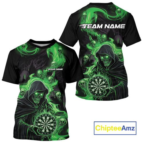 Custom Green Fire Flame Grim Reaper Dart Men T-Shirts, Dart Team Halloween Outfits IPHW9983