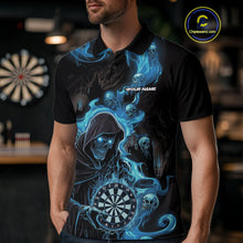 Load image into Gallery viewer, Custom Blue Fire Flame Grim Reaper Dart Men Polo Shirts, Dart Team Halloween Outfits IPHW9984
