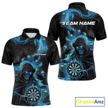 Load image into Gallery viewer, Custom Blue Fire Flame Grim Reaper Dart Men Polo Shirts, Dart Team Halloween Outfits IPHW9984