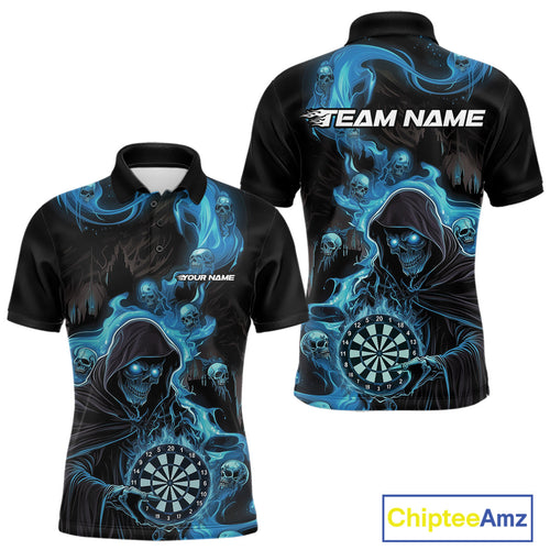 Custom Blue Fire Flame Grim Reaper Dart Men Polo Shirts, Dart Team Halloween Outfits IPHW9984
