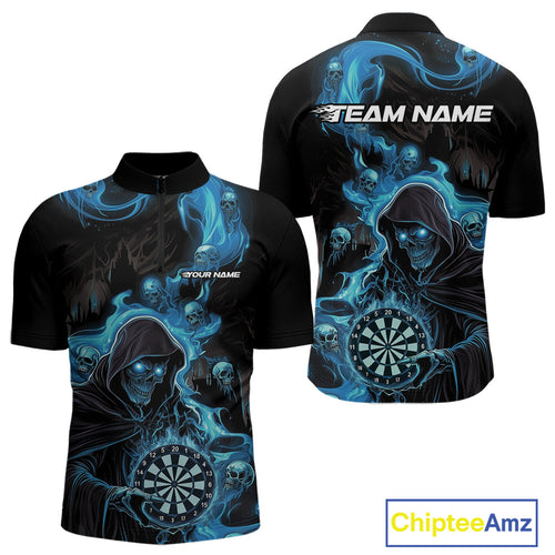 Custom Blue Fire Flame Grim Reaper Dart Men Quarter-Zip Shirts, Dart Team Halloween Outfits IPHW9984