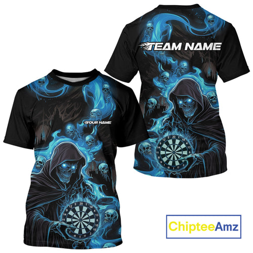 Custom Blue Fire Flame Grim Reaper Dart Men T-Shirts, Dart Team Halloween Outfits IPHW9984