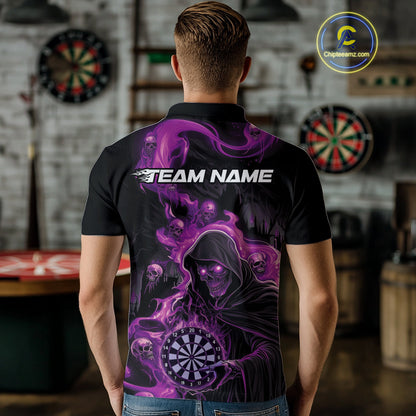 Custom Purple Pink Fire Flame Grim Reaper Dart Men Polo Shirts, Dart Team Halloween Outfits IPHW9985