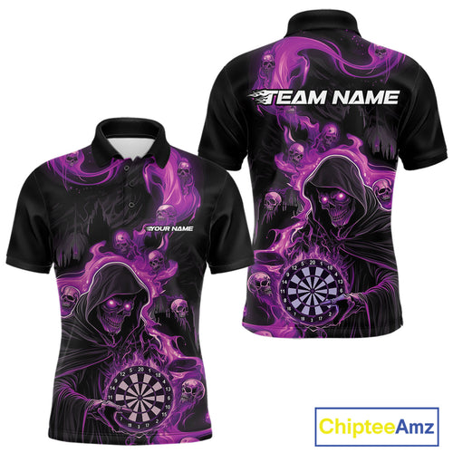 Custom Purple Pink Fire Flame Grim Reaper Dart Men Polo Shirts, Dart Team Halloween Outfits IPHW9985