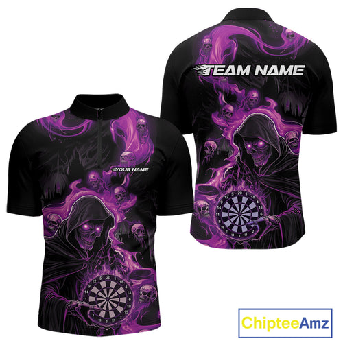 Custom Purple Pink Fire Flame Grim Reaper Dart Men Quarter-Zip Shirts, Dart Team Halloween Outfit IPHW9985