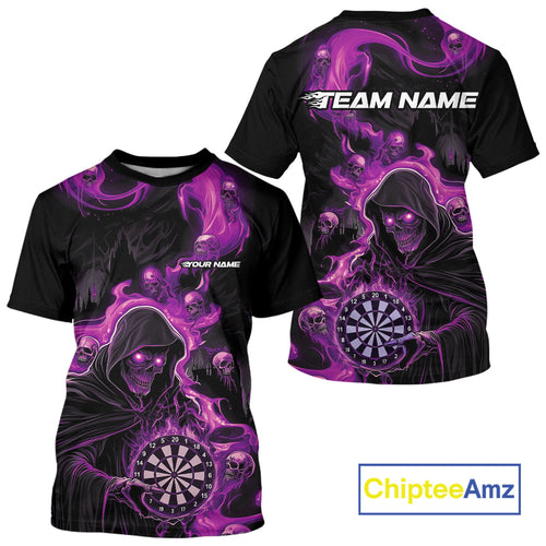 Custom Purple Pink Fire Flame Grim Reaper Dart Men T-Shirts, Dart Team Halloween Outfits IPHW9985