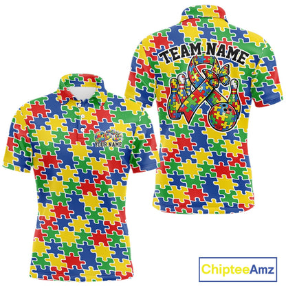 Men’s bowling polo shirt mockup front and back showing seamless multicolor puzzle piece print in red, blue, green, and yellow tones
